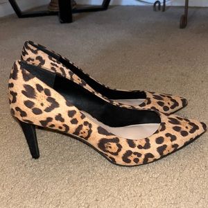 Leopard print pumps with black velvet heels